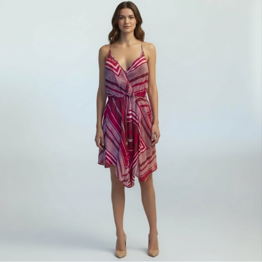 Charlie Jade 100% Silk Abstract Asymmetrical Fuchsia Pink Dress Size  Small